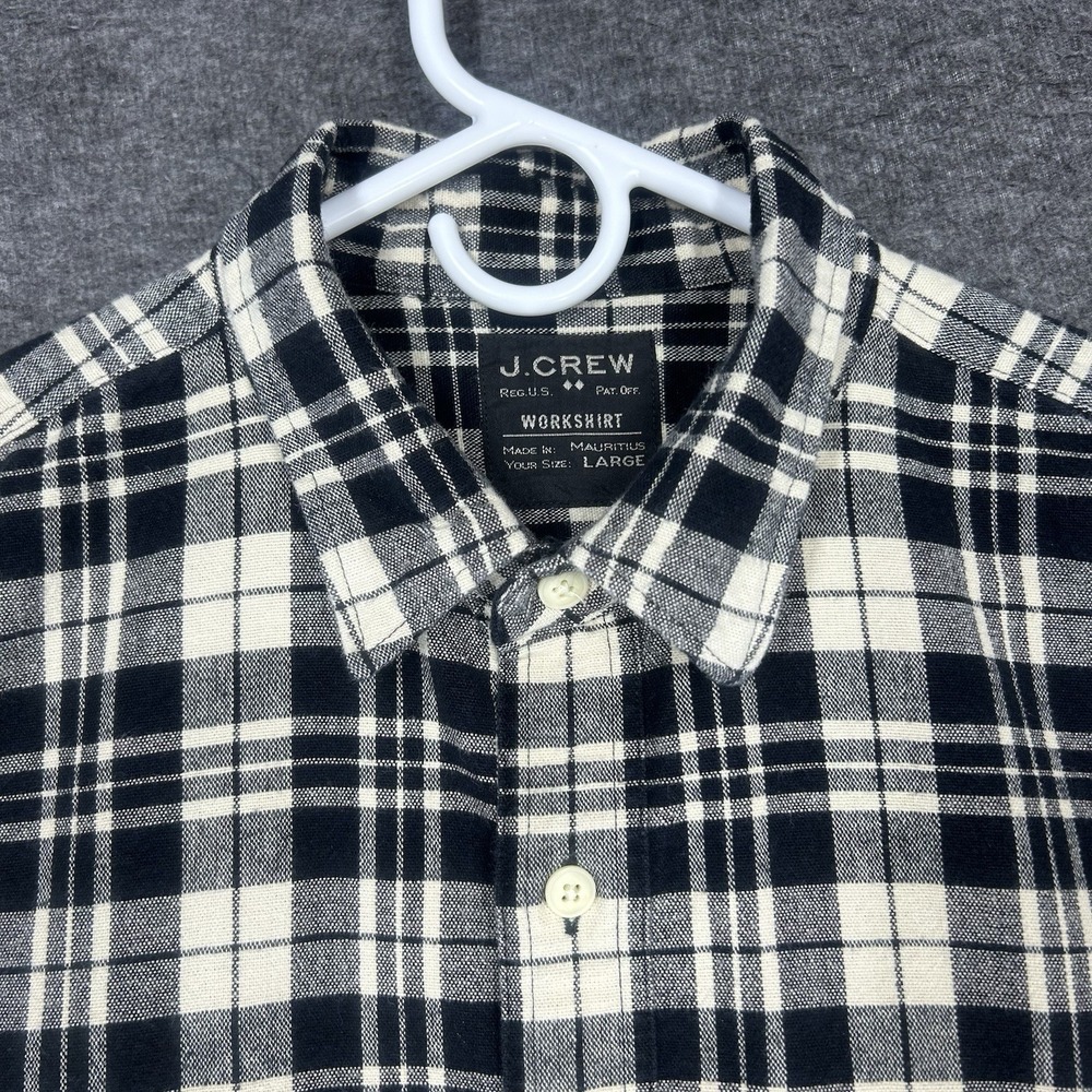 J. Crew Workshirt Mens Large Ivory black plaid Flannel Button Up Long Sleeve - Picture 2 of 12